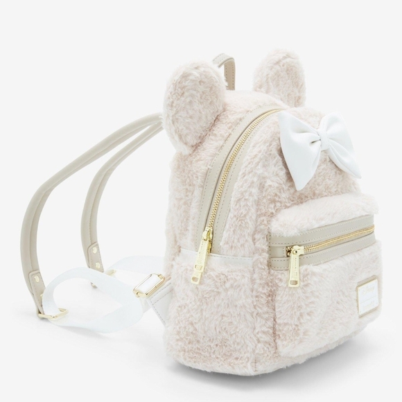 Loungefly Cream Furry Backpack with White Bow - Picture 2 of 4